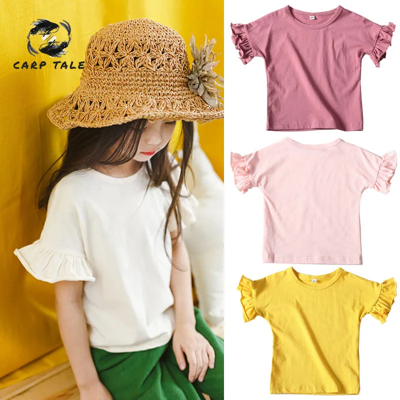 

Girls wear explosions girls doll shirt top 2019 summer new refreshing round neck ruffled sleeves T-shirt