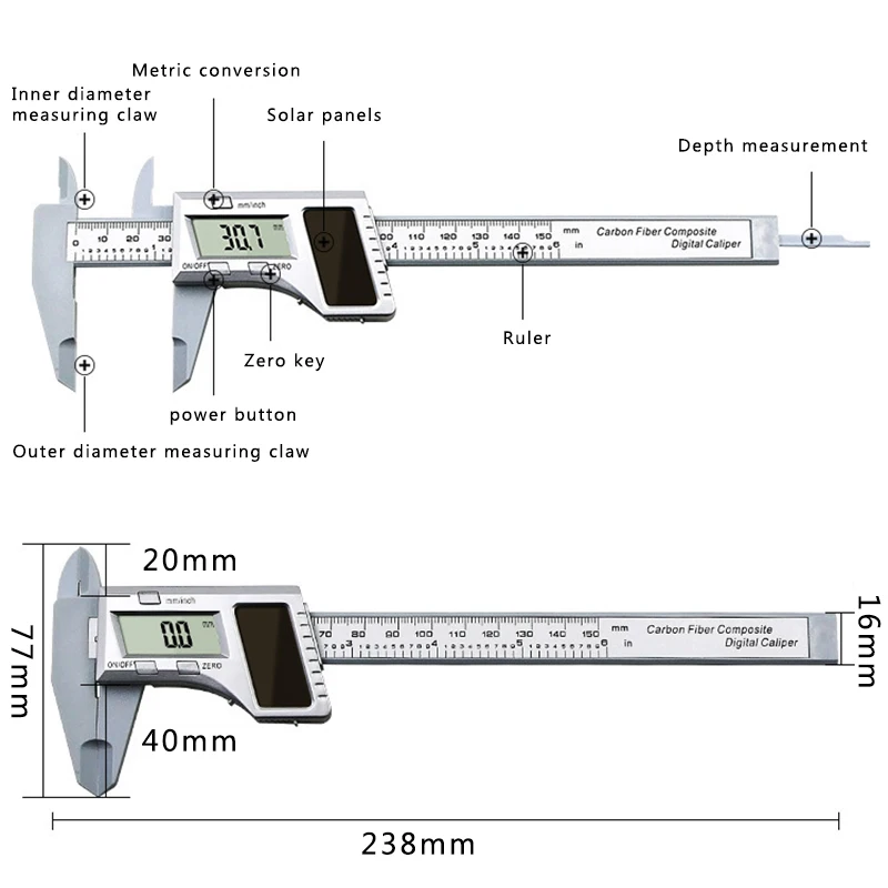 0-150 мм электронный Солнечный пластиковый суппорт мини-штангенциркуль измерения ювелирных изделий штангенциркуль цифровой дисплей для обработки металла