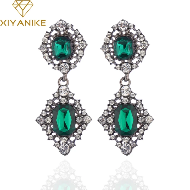 Aliexpress Xiyanike Vintage Long Earrings Antique Branze Xiyanike Vintage Long Earrings Antique Branze Green Stone Crystal Drop For Women Indian Wedding Jewelry