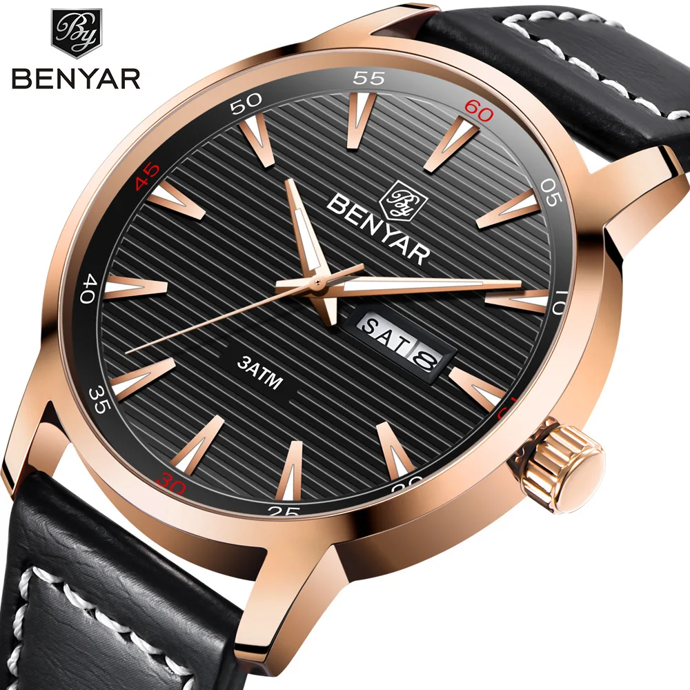 

BENYAR Fashion Casual Quartz Mens Watches Men Week Date Analog Dispaly Waterproof Leather Male Wrist Watch Relogio Masculino