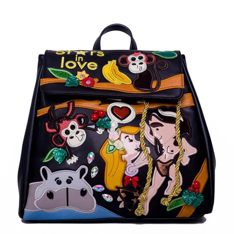 

2019 New Women's Bag Fashion Cartoon Embroidered High Quality PU Leather Backpack Student Embroidered School Bag Travel Backpack