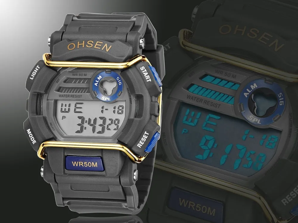 Известный бренд OHSEN цифровые электронные мужские наручные часы силиконовый ремешок Синий водонепроницаемый ЖК-дисплей Спорт на открытом воздухе Часы мужские ручные часы