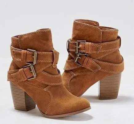 

GOXPACER Women Boots Buckle Suede All Match Flock Martin Boots Round Toe Fashion Casual High Heel Western Motorcycle Shoes 2018