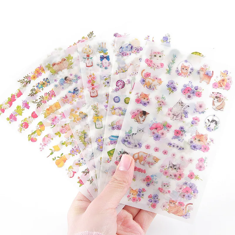 

6 Sheets/Set Cute Kawaii PVC Flower Stickers Cartoon Cat Stationery Stickers Scrapbooking For Decoration Photo Album Diary DIY