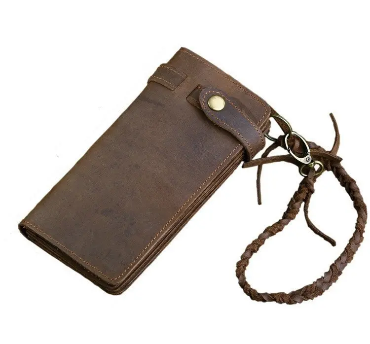 Designer Chain Leather wallet long style Crazy Horse Natural Cowhide Vintage Waxed Purse with handmade woven rope brown | Багаж и сумки