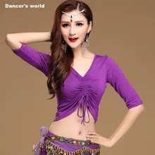 Девушки танцуют топ женщин танец футболка+ леди танец живота пол-рукава верхней одежды танец живота одежда M, L, XL