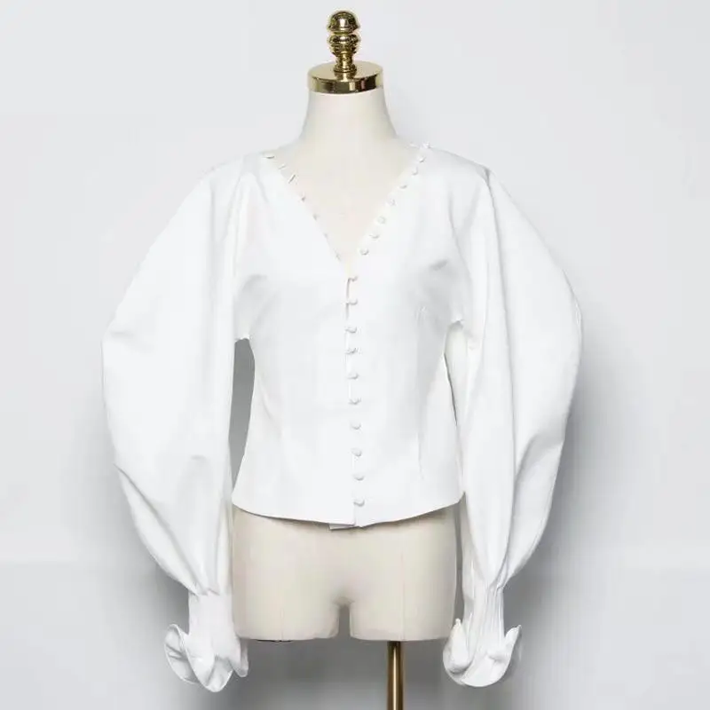 Винтажная женская блузка GETSPRING, V-образный вырез, белая блузка с оборками, рукав «летучая мышь», блузка в корейском стиле, весна