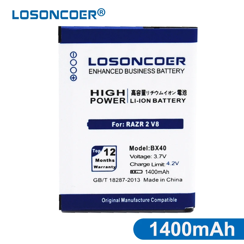 Аккумулятор LOSONCOER 1400 мАч BX40 Для MOTOROLA RAZR 2 V9m RAZR2 V8 V9 аккумулятор для телефона |