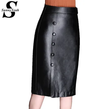 

SunnyYeah New 2020 Women PU Leather Skirt Autumn Winter Pencil Elegant Skirts Ladies Fashion Black Midi Skirt Female Plus Size