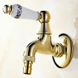 Luxury Modern Gold Color Brass Ceramic Flower Pattern Handle washer faucet wall mounted Laundry bathroom Mop Water Tap aav136