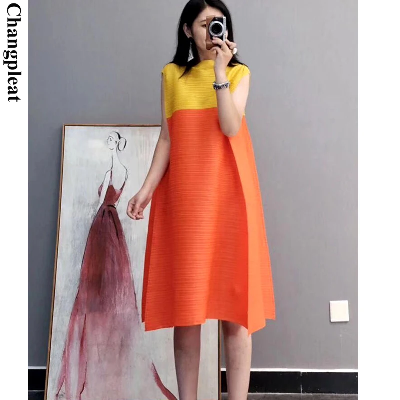 

Changpleat Summer New Women Dress Miyak Pleated Fashion Color matching loose Stand Collar large size Female A-line Dresses Tide