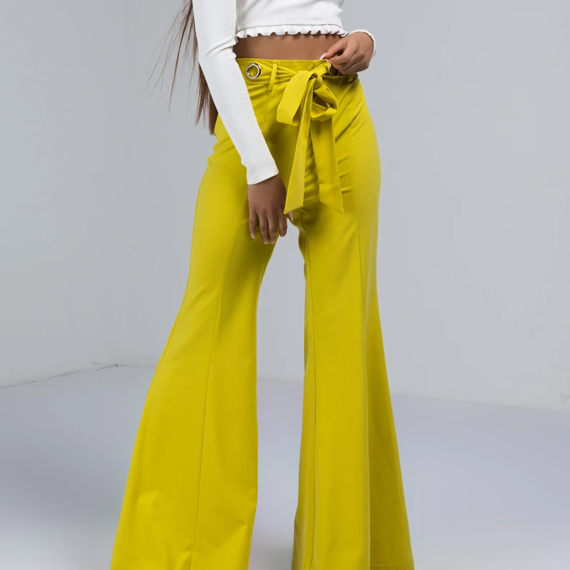 AKIRA Women's High Waist Grommet Hole Big Bow Belt Bell Bottom Wide Leg Flared Trouser Pants (2)