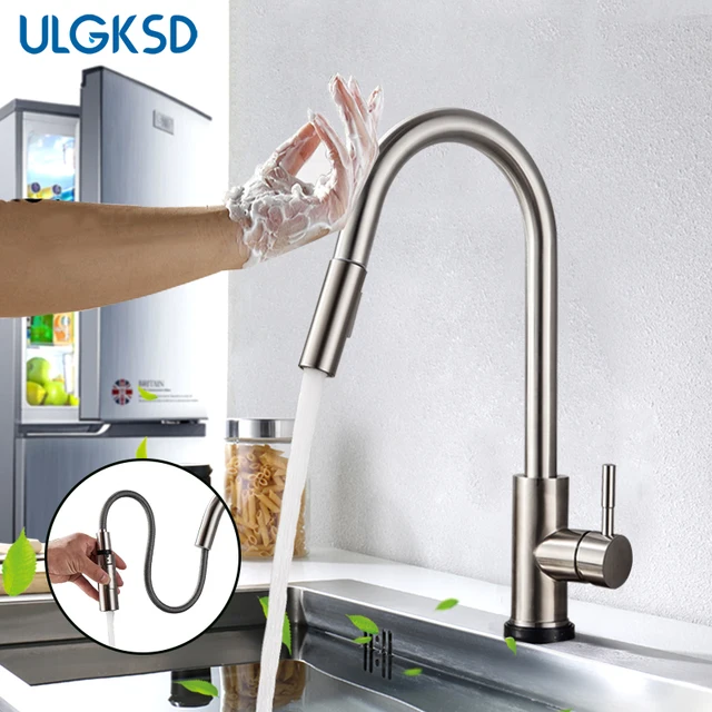 Special Offers ULGKSD Brushed Nickle Pull Out Sensor Kitchen Faucet Sensitive Touch Control Faucet Mixer Touch Sensor Kitchen Mixer Tap