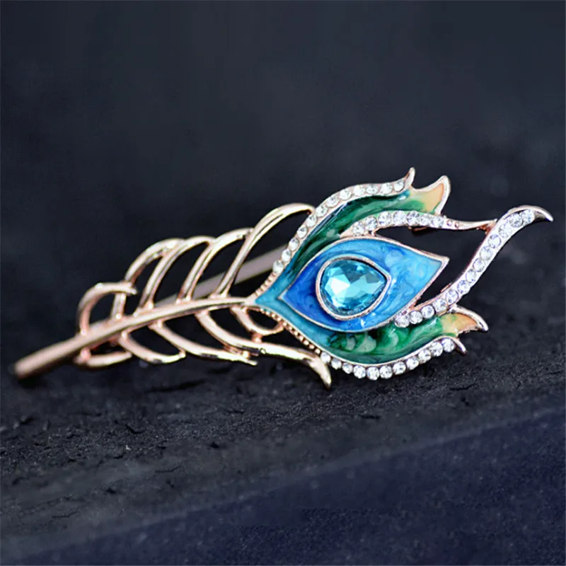 New Arrival Fashion Women Vintage Gold Color Feather Brooch Blue Enamel Pin Crystal Rhinestone Metal Brooches Jewelry Accessory | Украшения