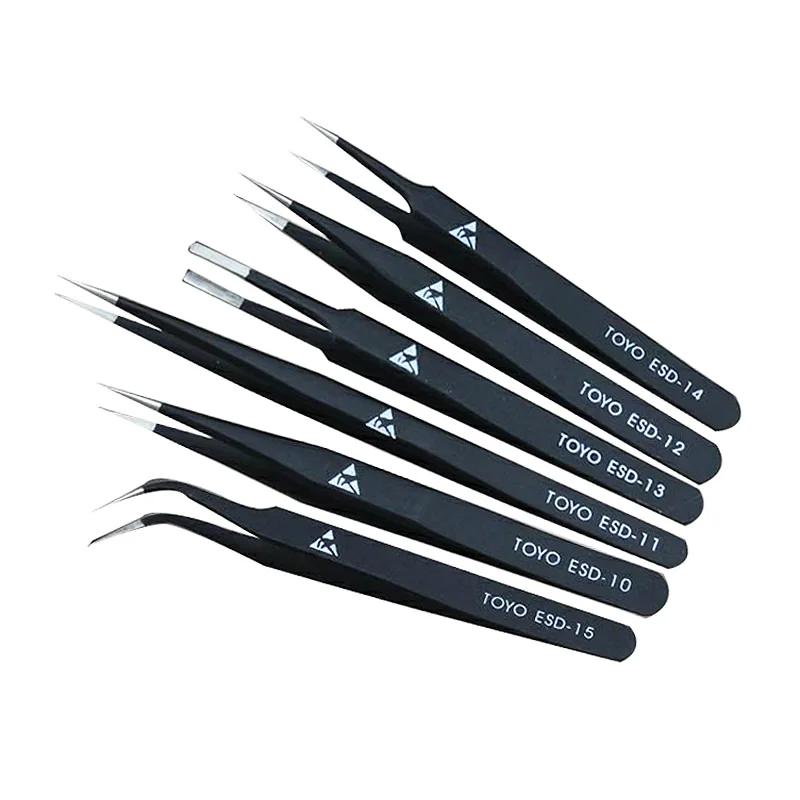 

6pcs Anti-static ESD Stainless Steel Tweezers Maintenance Tools Industrial Curved Straight Tweezers BGA Rework Repair Tools