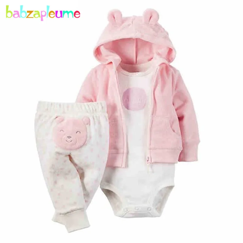 3 шт./0-24months/Демисезонный Одежда для новорожденных мальчиков и девочек Симпатичные пальто с капюшоном Куртки+ Комбинезоны для малышек+ Брюки для девочек младенческой Комплекты для девочек bc1102