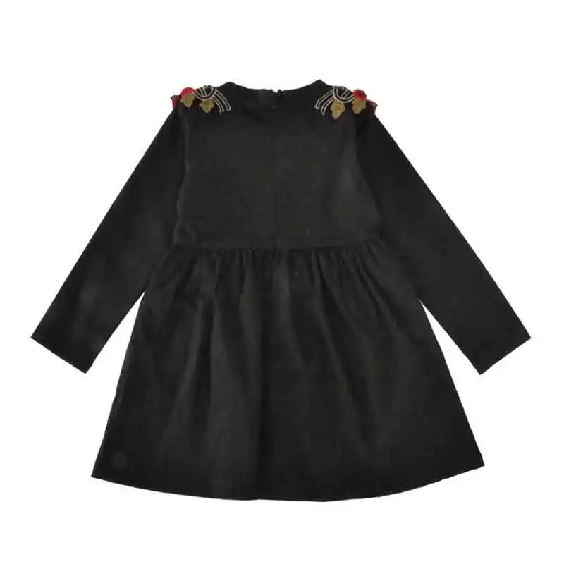 New Fashion Girls Dress Embroidery Big Flower Baby Girls Dresses Black Long Sleeve Fall Girls Clothing Party Girls Outfit  (1)