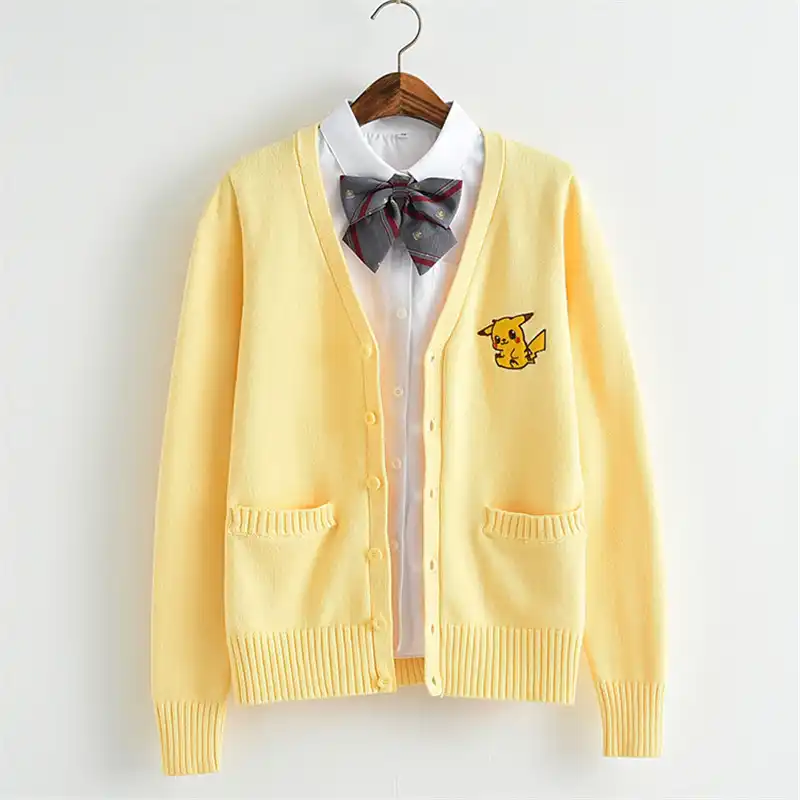 女性の服 Jk 制服女子校生プレッピースタイル綿セーターかわいいアニメピカチュウ刺繍ニットカーディガン Cardigans Aliexpress