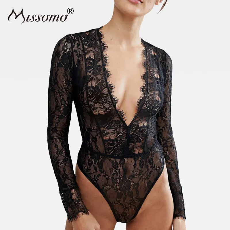 

Missomo Women Costumes Long Sleeve Black Sexy Overall Streetwear Lace Bodysuit Plus Size Body Top Playsuit Transparent Jumpsuit