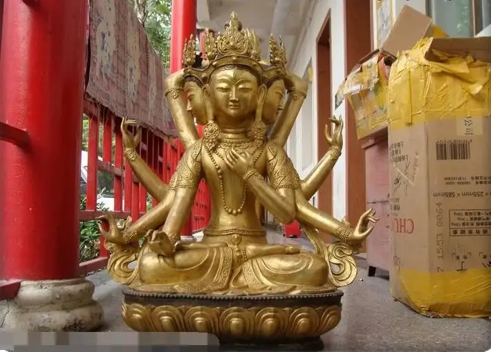 

32"Huge Tibet Buddhist Bronze gild 3 faced 8 Arm Kwan-Yin Tantric Buddha statue
