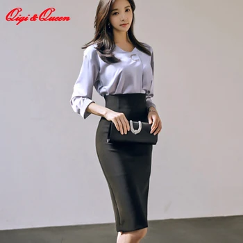 

Qiqi&Queen New Autumn Winter Women's Suit Long Sleeve Solid Shirts Top And Black Skirt Korean Sexy Casual Work 2 Piece Set Women