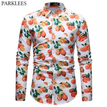 Мужская рубашка с фруктовым оранжевым принтом, приталенная, с длинным рукавом, Chemise Homme, весна-осень, рубашка на пуговицах, мужские повседневные, вечерние, праздничные, Camisa
