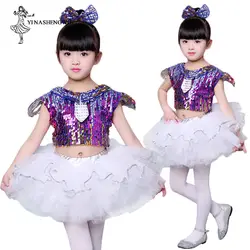 Джазовые танцевальные костюмы для девочек с блестками, детское танцевальное платье для сцены, платье принцессы, пачка, Современные платья
