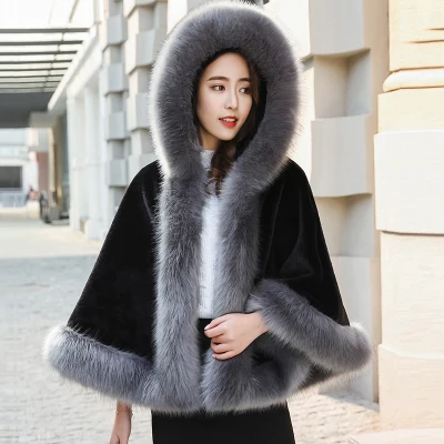 Зимняя куртка с капюшоном, пальто из искусственного лисьего меха, Женская шаль, вечернее платье, меховая накидка на плечи, тонкая женская накидка из искусственного меха 539 - Цвет: Серый