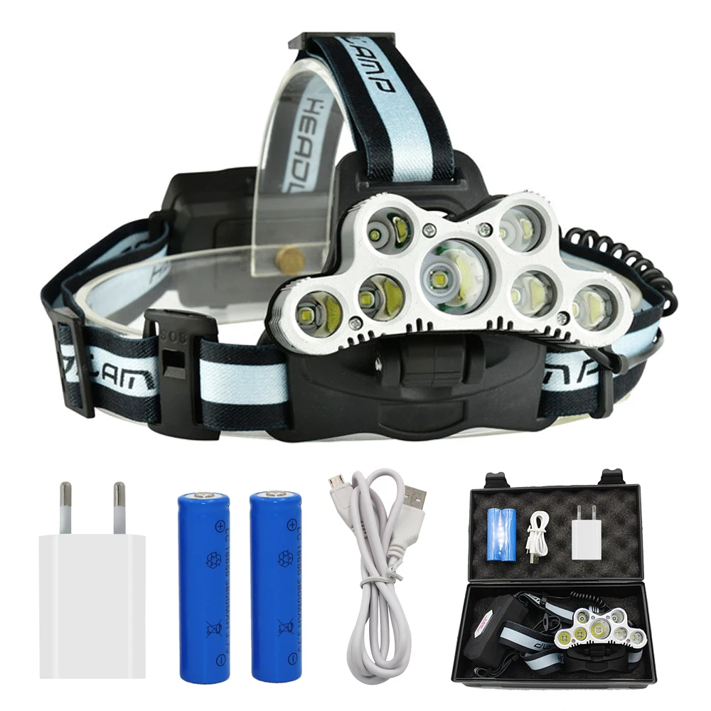 

7 LED Powerful 5x T6 + 2x Q5 LED Headlamp Tactical Headlight Rechargeable Head Lamp Fishing Light + 2x 18650 Battery + Charger