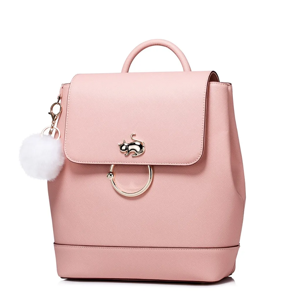 Women's Preppy Style Pink Cute Metal Kitty Leather Backpackin