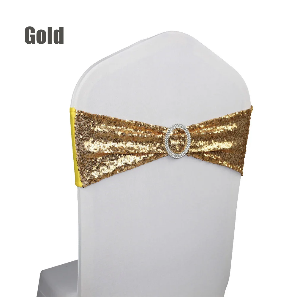 

Hot 100pc/lot Round Buckle Elastic Spandex Chair Sash Band With Gold/Silver Sequin For Wedding Party Ceremony Banquet Decoration