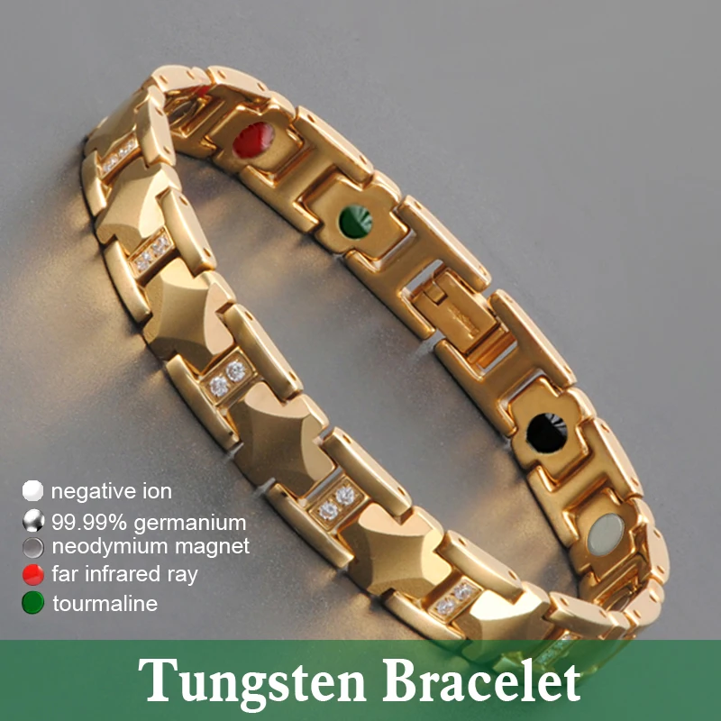 

Hottime Magnetic Tungsten Bracelets 5 in 1 Bio Elements Energy Health Fine Jewelry Gold Color Tungsten Steel Germanium Bracelet