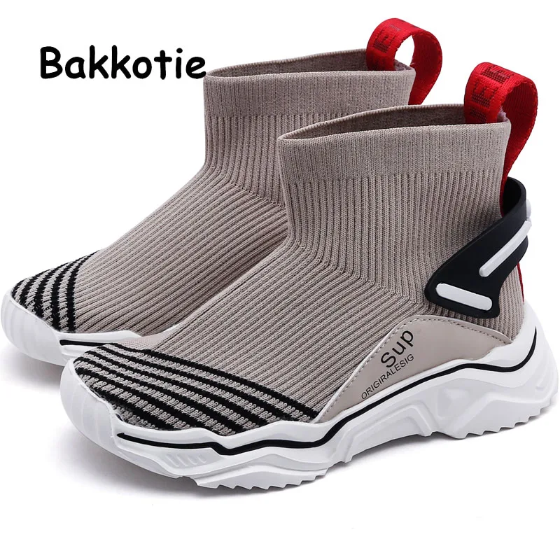 

Bakkotie 2019 Autumn Kids Sports Shoes Boys Fashion Breathable Black Casual Sock Shoes Baby Girls New Slip On Soft High Sneakers
