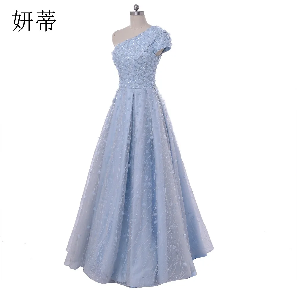 

Elegant Light Blue One Shoulder Lace A Line Prom Dresses 2017 Beading Sequined Short Sleeve Custom Made Evening Dress