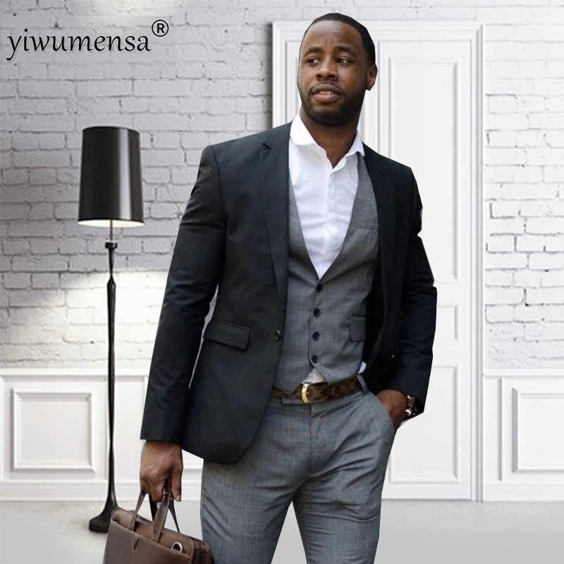 black jacket and grey pants