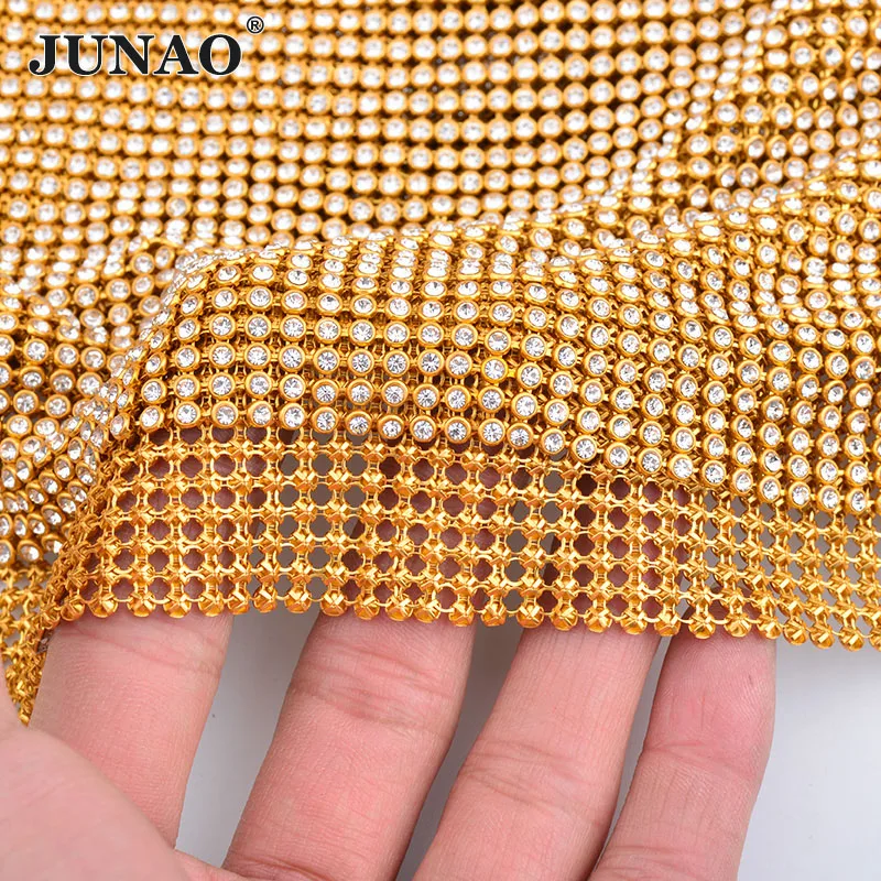 

JUNAO 45x120cm Gold Crystal Mesh Clear Glass Rhinestones Fabric Trim Aluminum Base Stones Applique Strass Banding for Bags Dress