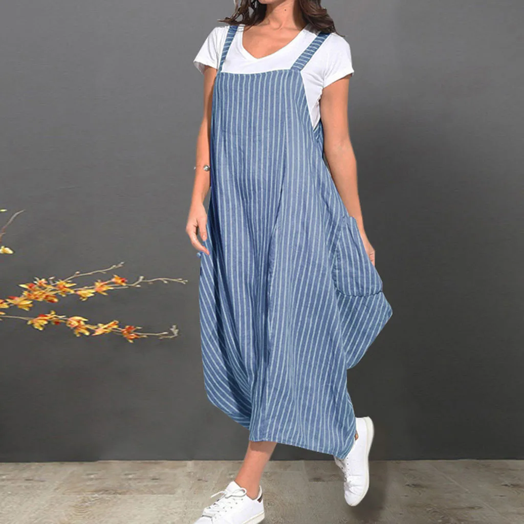 

Fashsiualy Women Casual Stripe Print Strap Sleeveless O-Neck Loose Pocket Irregular Loose Mid Calf Vintage Dress VestidosWhosale