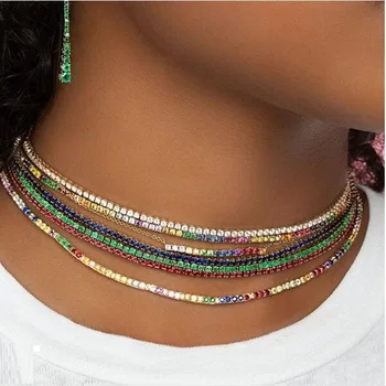 thin cz tennis chain necklace layer women choker various colors colorful cz Gold color trendy necklace for women