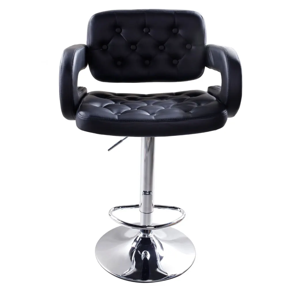 Adjustable Metal Bar Stool 2pcs Black Faux Leather Swivel Gas Lift Bar Chair Button Tufted with Armrest Footrest Dropshipping