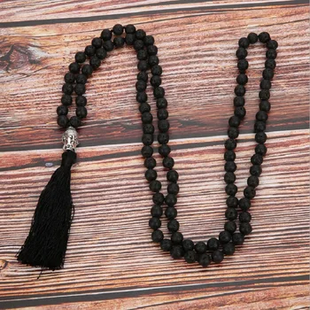 

Wholesale Natural Black Volcanic Rocks Beads 108 Mala Knotted Energy Yoga Meditation Strand Necklace Men Women's Sweater Chain