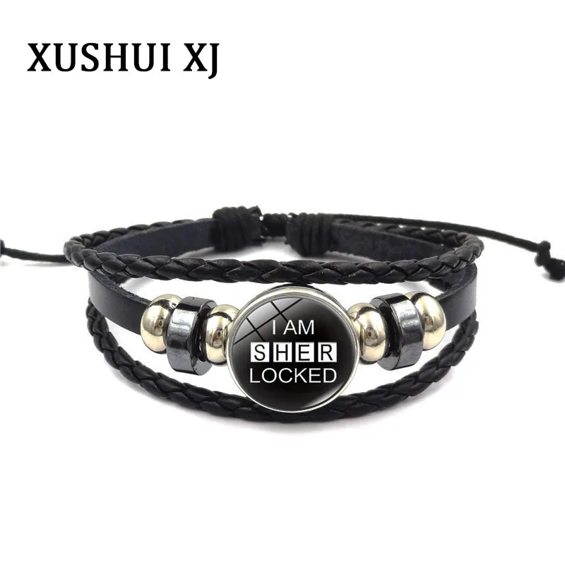 

XUSHUI XJ Sherlock Holmes Charm Bracelet I Am Sher Locked Glass Buckle Vintage Multilayer leather bracelets for women Men gift