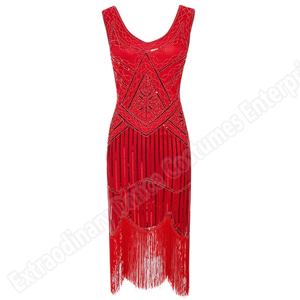 Женское вечернее платье 1920 s Great Gatsby Flapper Vestidos с блестками и бисером, платье с бахромой, вечернее платье с v-образным вырезом, украшенное бахромой, без рукавов - Цвет: Red  No Necklace