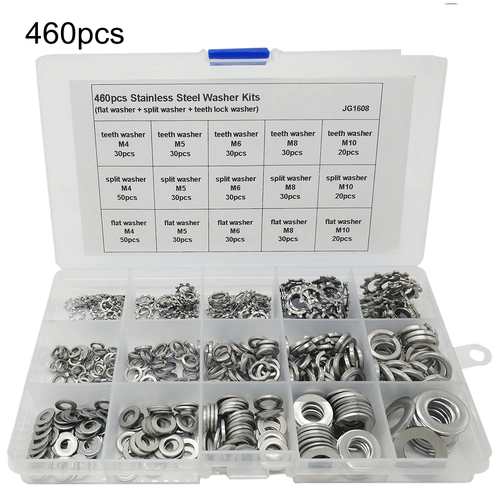 460pcs Set Washer Kit Stainless Steel Flat Washer and Teeth lock Washer