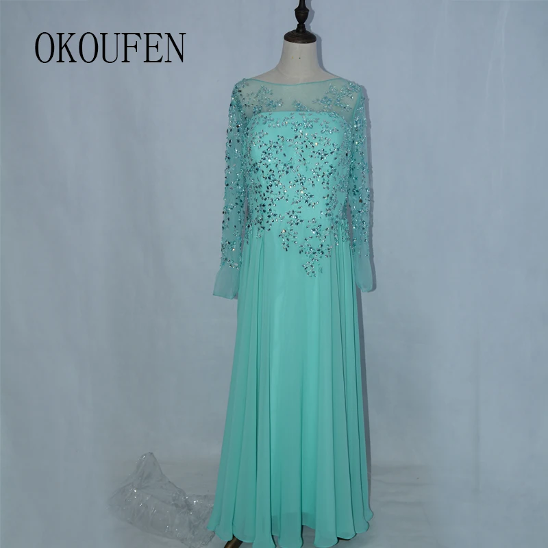 elegant mint long evening dress 2017 long sleeves backless crystal