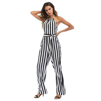 

2019 Sexy Halter Sleeveless Jumpsuit Women Lace Up Backless Overalls Wide Leg Striped Playsuit