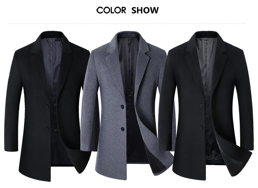 EICHOS High Quality Woolen Peacoat Men Slim Fit Solid Color Overcoat Long Man Autumn Male Wool Blend Casaco Masculino