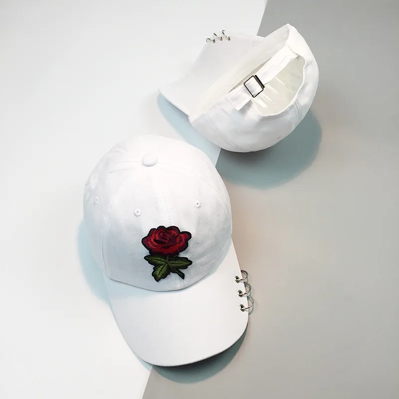 Fashion Rose Baseball Cap Iron Ring Snapback Caps For Women chapeau femme Hip Hop Cap Lady Vogue Sun Hats Adjustable 3Colors
