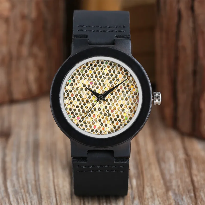 Beste Yisuya Creatieve Vrouwen Ebbenhout Bamboe Hout Horloge Fashion Crystal Glitter Lederen Quartz Horloge Dames Elegante Armband Klok