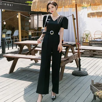 

Korean OL Jumpsuit Women Clothes 2019 Summer Fashion V Neck Puff Sleeve Belted Casual Ladies Work Wear Long Romper Jumpsuits