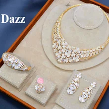 Dazz золотой цвет ювелирные изделия из Нигерии набор роскошное ожерелье серьги браслет кольцо CZ Циркон невесты для женщин Свадьба Помолвка лучший подарок